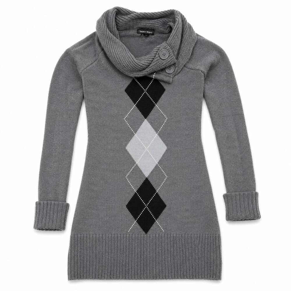 Vintage Y2K Sweater Project Gray Argyle Cowl Neck Tunic Sweater Dress